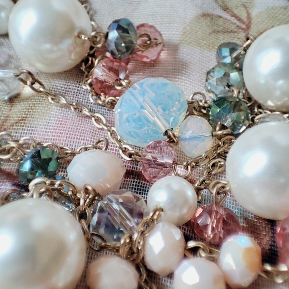 Beads and Baubles Moonstone Faceted Extra Long Necklace Pastel Dual Chain Pearls - Picture 11 of 12